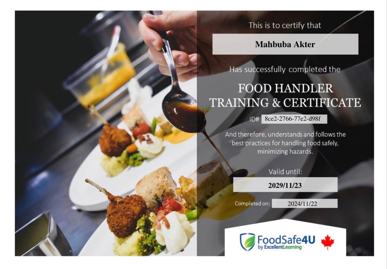 Bengali Pitha Parlour food safety certificate